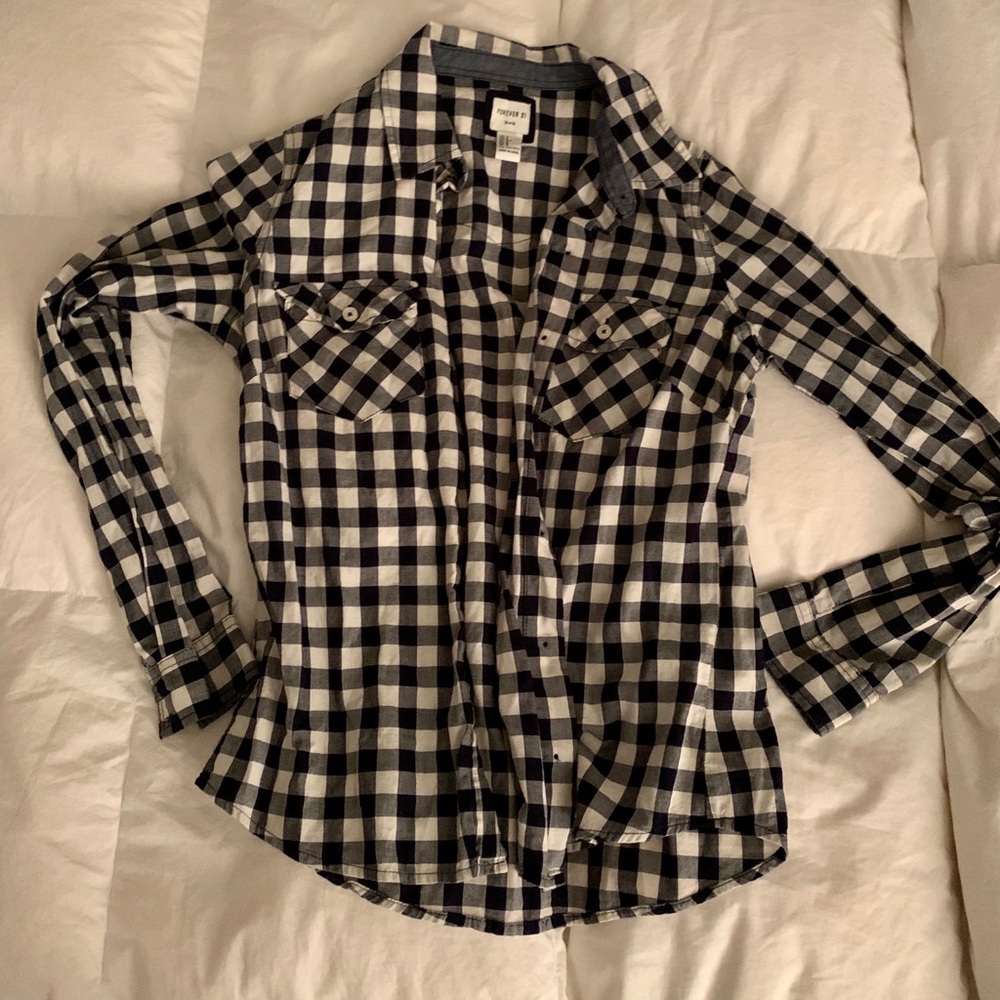 Navy and white plaid shirt